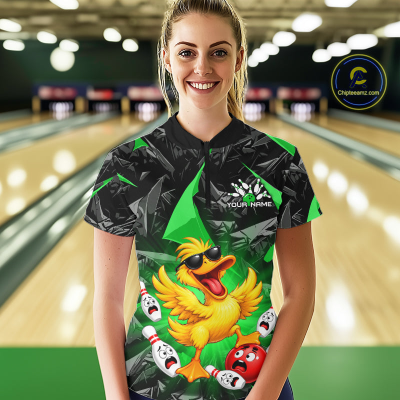 Custom Green Funny Duck Bowling Team Shirts for Women Bowling Uniform Bowling Tournament HNT623