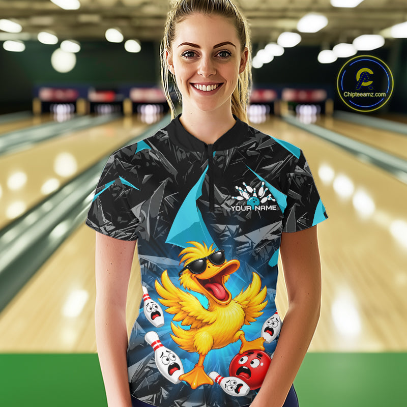 Custom Turquoise Funny Duck Bowling Team Shirts for Women Bowling Uniform Bowling Tournament HNT623