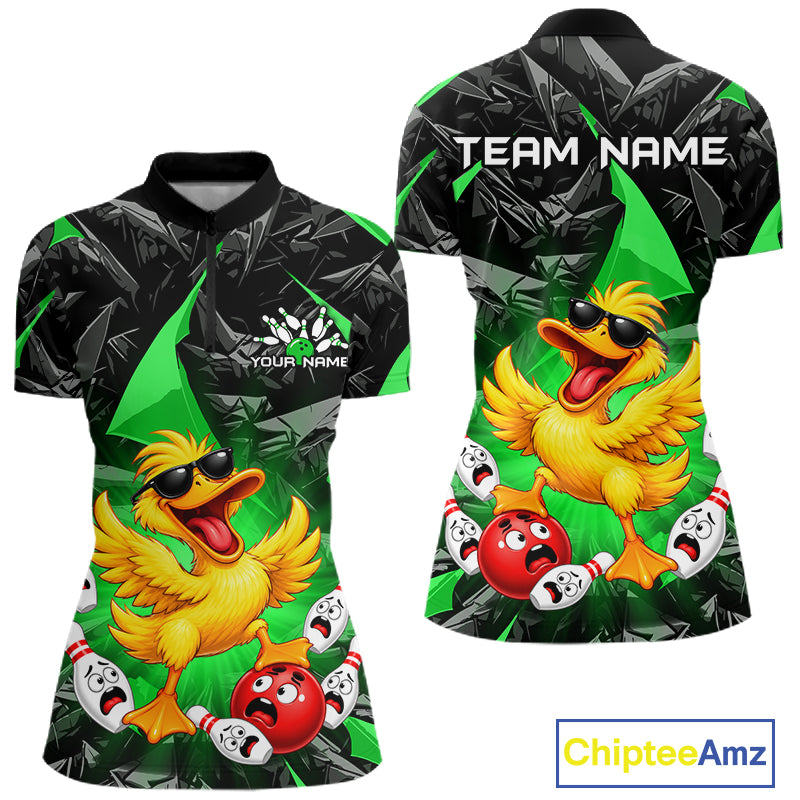 Custom Green Funny Duck Bowling Team Shirts for Women Bowling Uniform Bowling Tournament HNT623