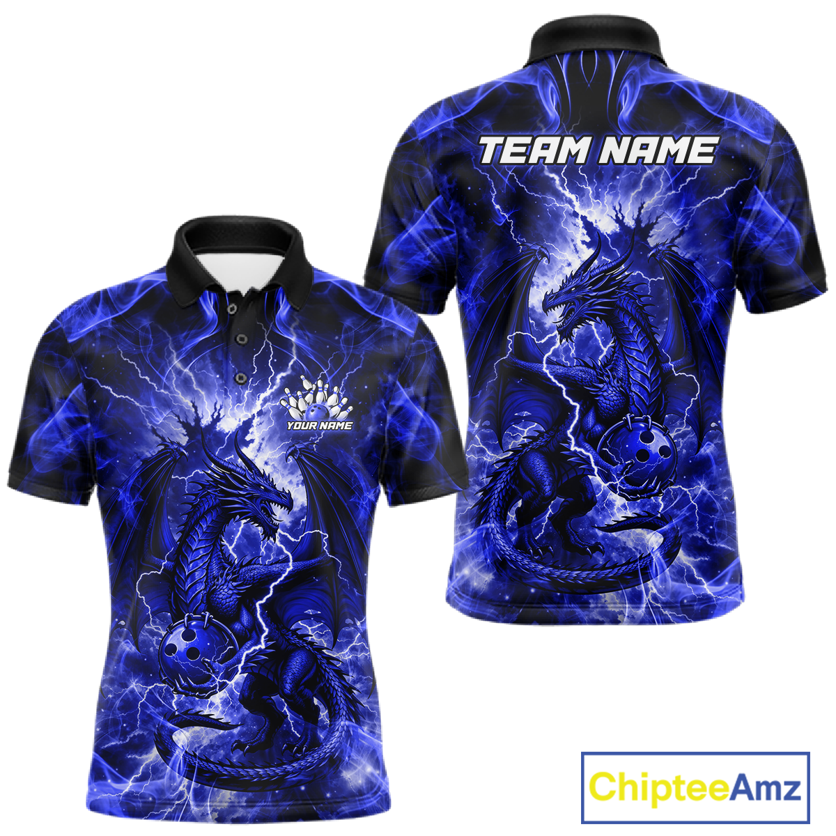 Custom Blue Lightning Dragon Bowling Team Shirts Bowling Jerseys for Men Polo & 1/4 Zip HNT549