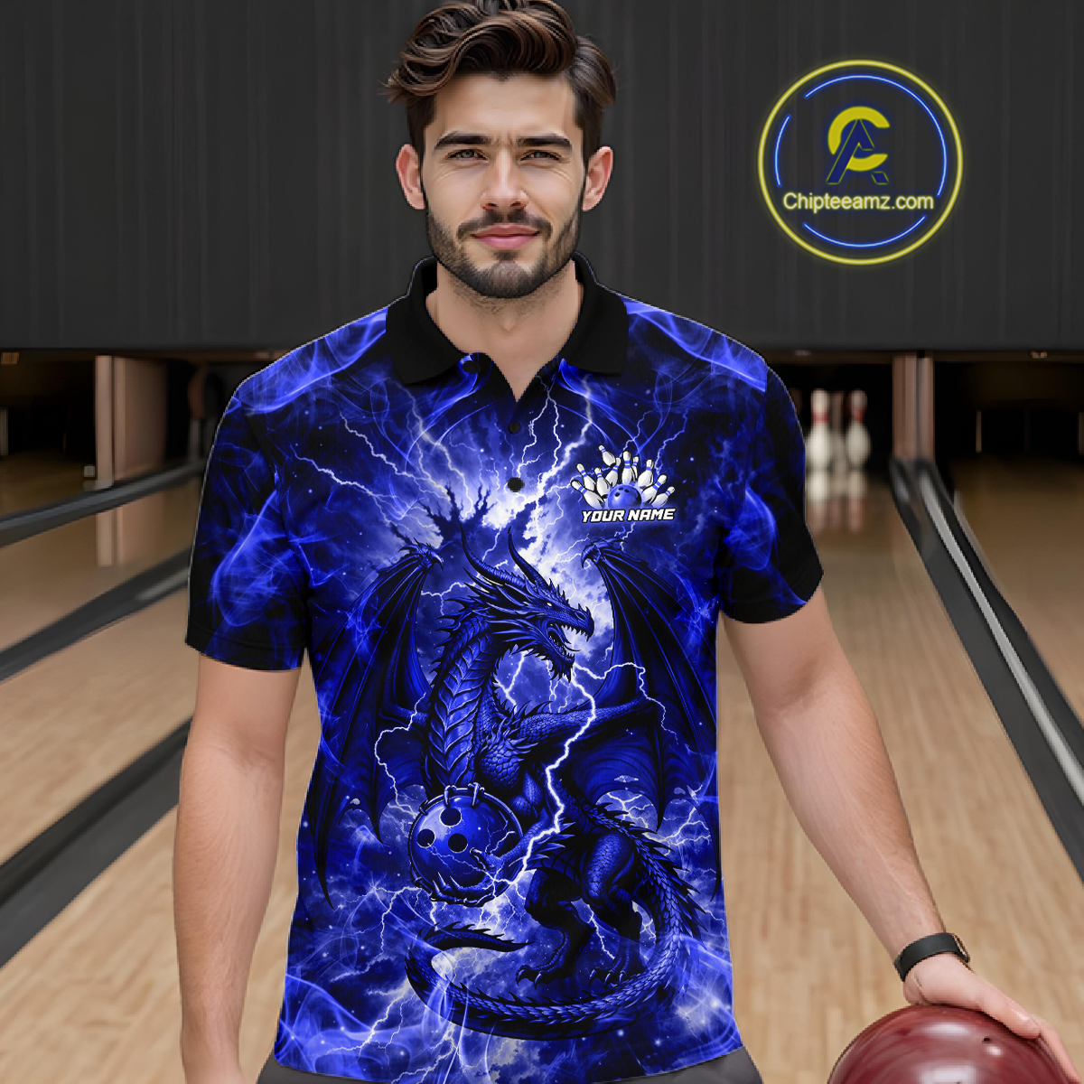 Custom Blue Lightning Dragon Bowling Team Shirts Bowling Jerseys for Men Polo & 1/4 Zip HNT549