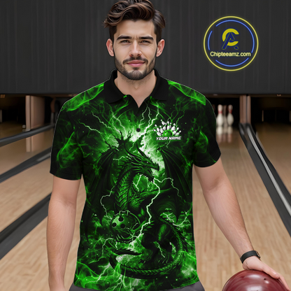 Custom Green Lightning Dragon Bowling Team Shirts Bowling Jerseys for Men Polo & 1/4 Zip HNT549