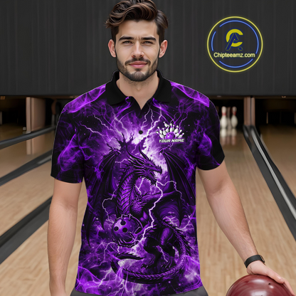 Custom Purple Lightning Dragon Bowling Team Shirts Bowling Jerseys for Men Polo & 1/4 Zip HNT549
