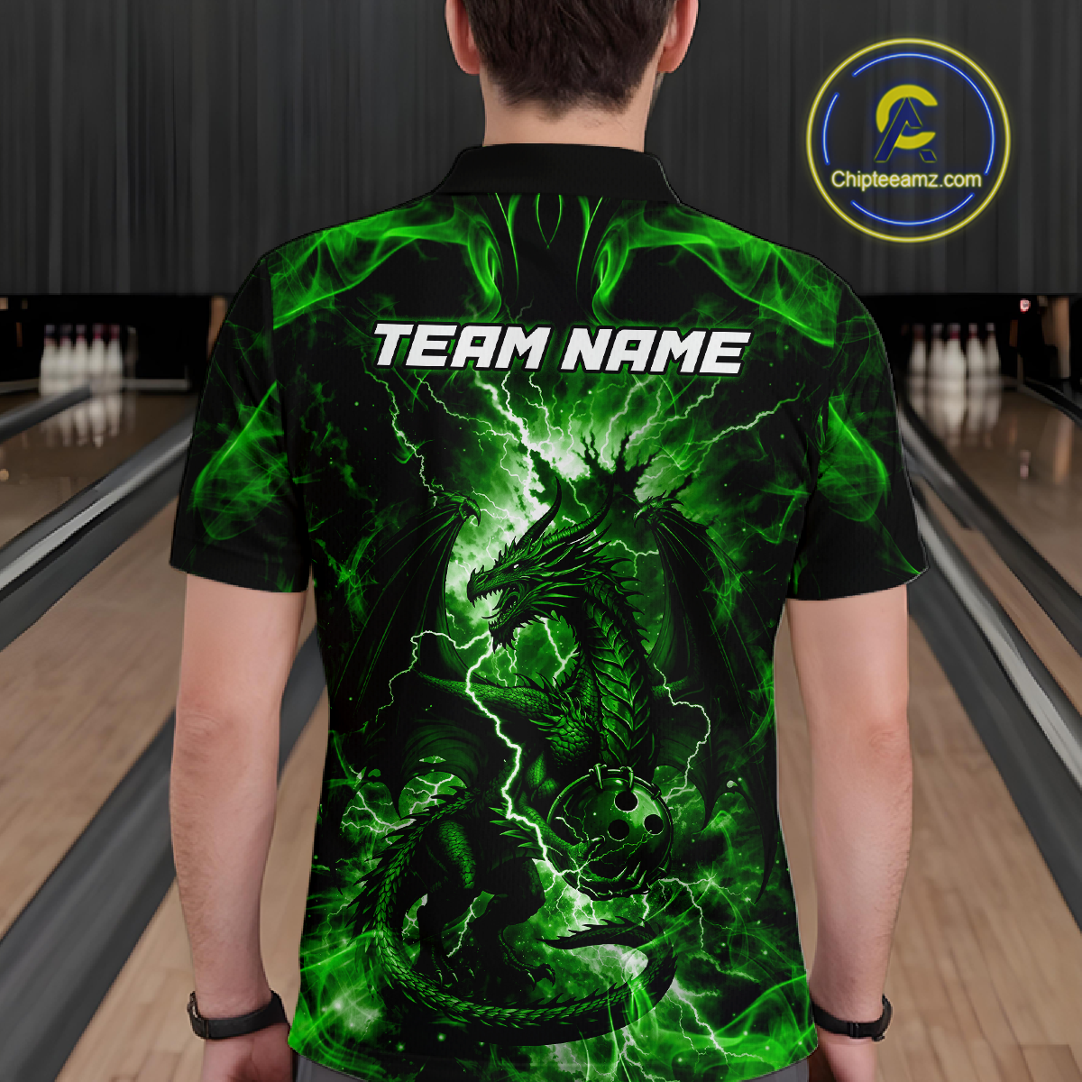 Custom Green Lightning Dragon Bowling Team Shirts Bowling Jerseys for Men Polo & 1/4 Zip HNT549