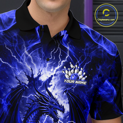 Custom Blue Lightning Dragon Bowling Team Shirts Bowling Jerseys for Men Polo & 1/4 Zip HNT549