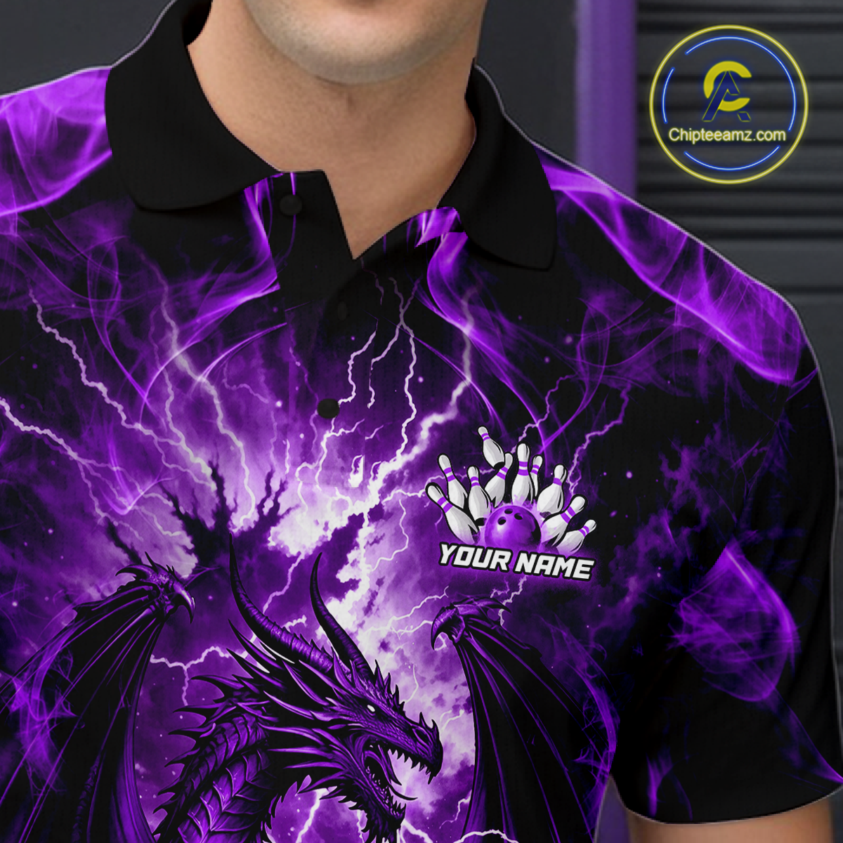 Custom Purple Lightning Dragon Bowling Team Shirts Bowling Jerseys for Men Polo & 1/4 Zip HNT549