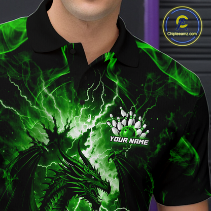 Custom Green Lightning Dragon Bowling Team Shirts Bowling Jerseys for Men Polo & 1/4 Zip HNT549
