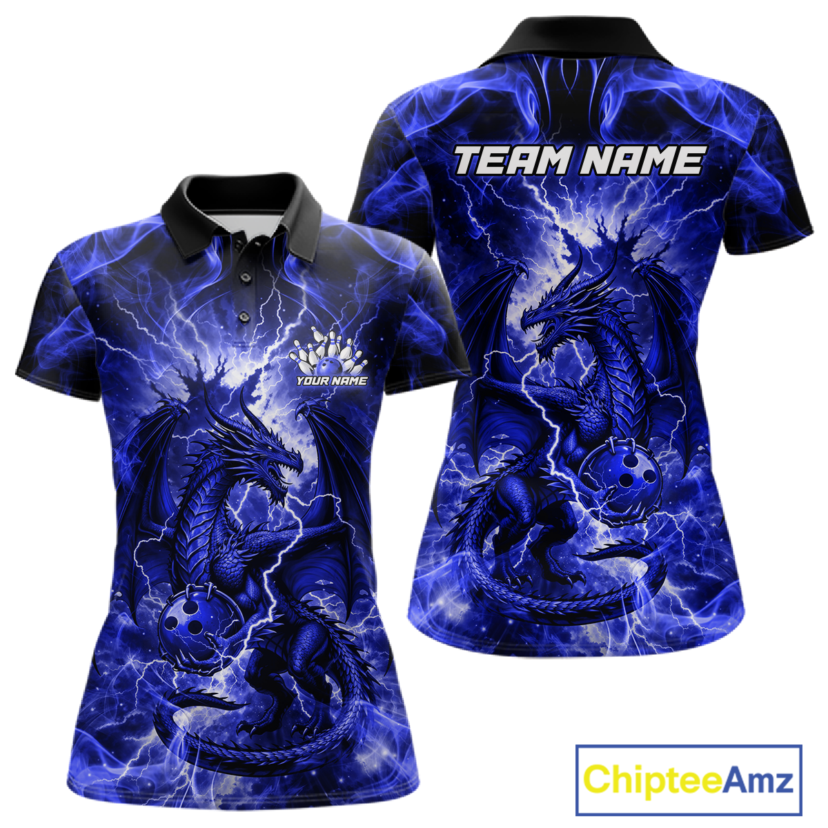 Custom Blue Lightning Dragon Bowling Team Shirts Bowling Jerseys for Women Polo & 1/4 Zip HNT549