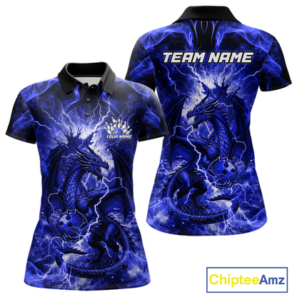 Custom Blue Lightning Dragon Bowling Team Shirts Bowling Jerseys for Women Polo & 1/4 Zip HNT549
