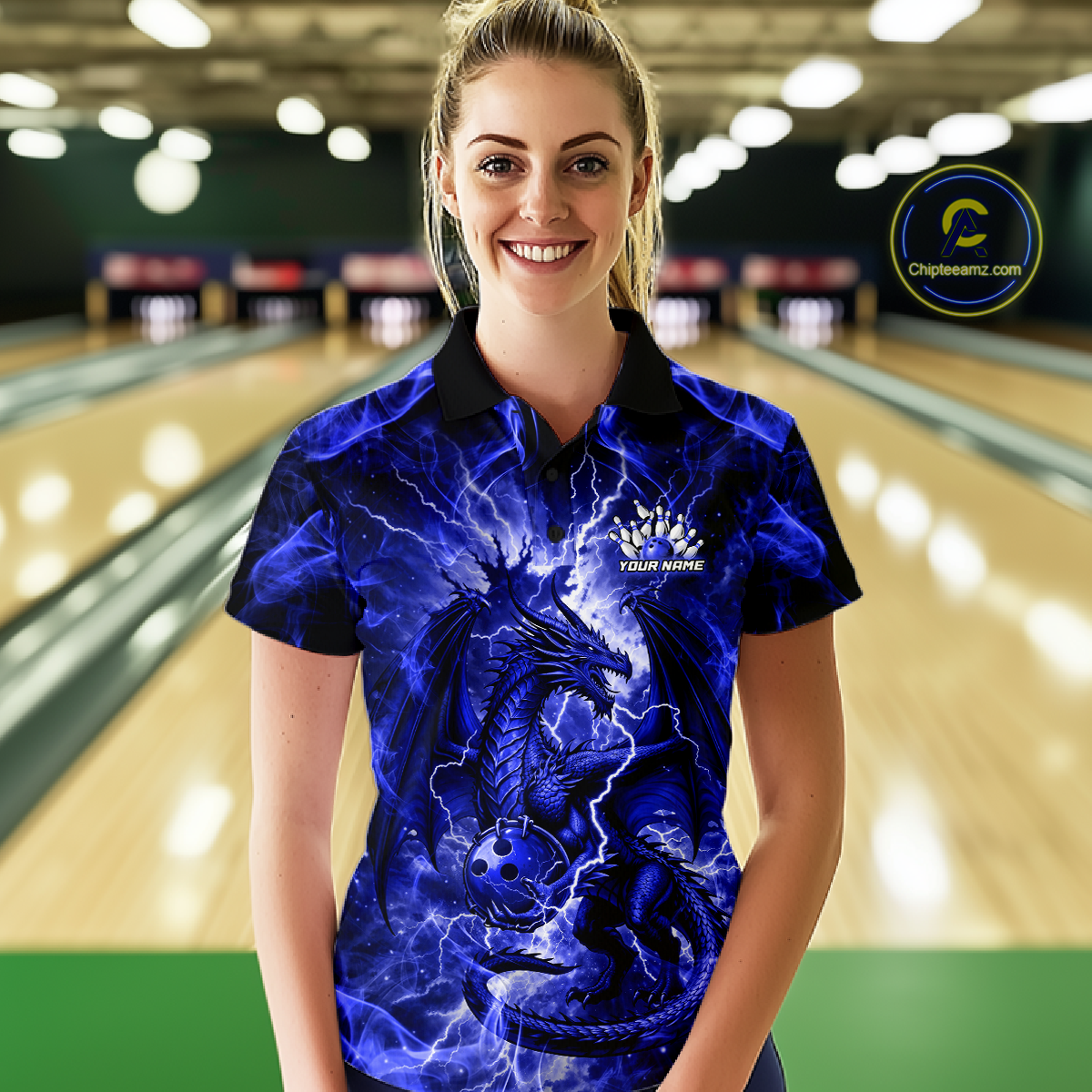 Custom Blue Lightning Dragon Bowling Team Shirts Bowling Jerseys for Women Polo & 1/4 Zip HNT549