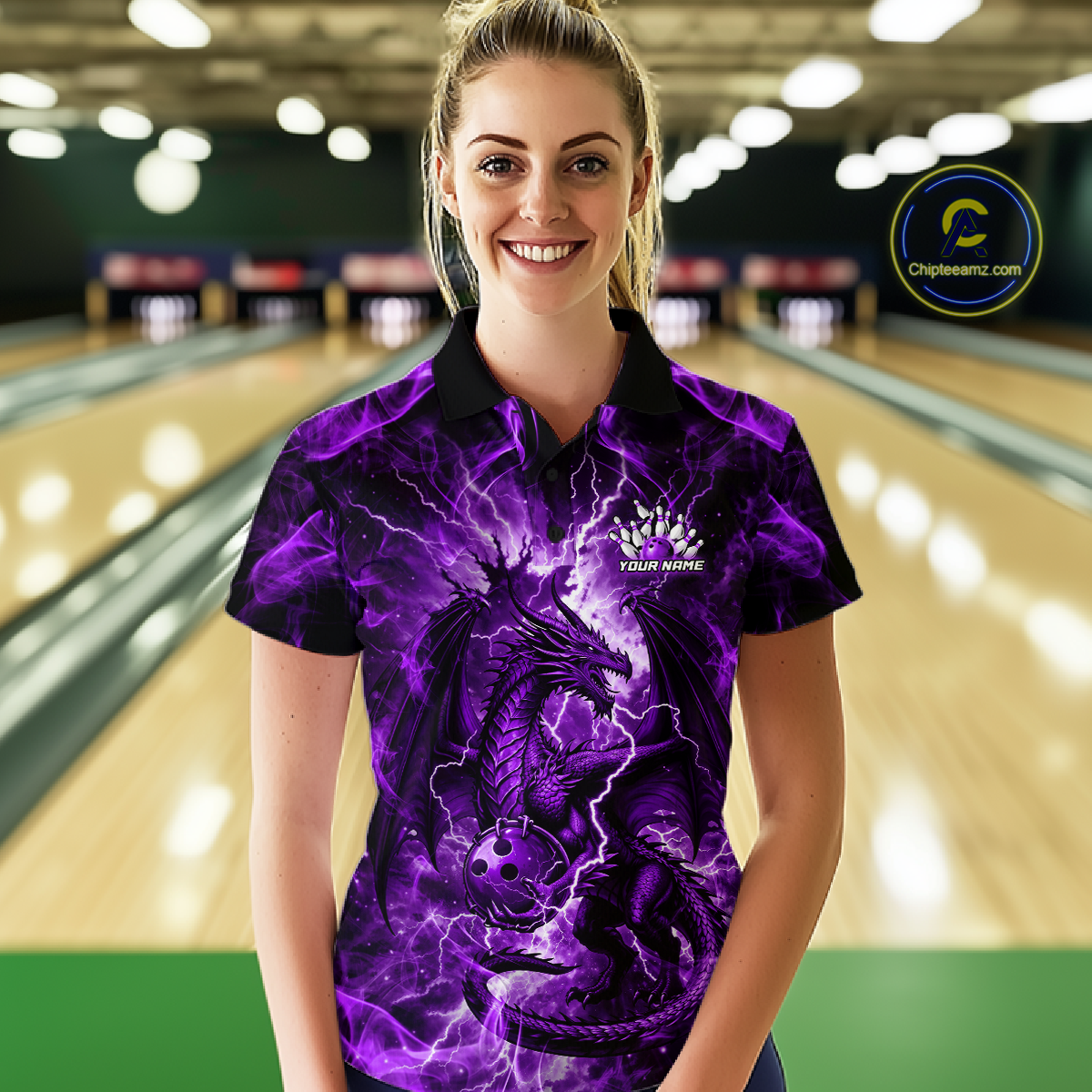Custom Purple Lightning Dragon Bowling Team Shirts Bowling Jerseys for Women Polo & 1/4 Zip HNT549