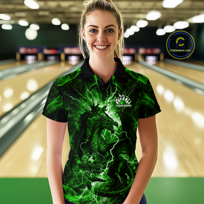 Custom Green Lightning Dragon Bowling Team Shirts Bowling Jerseys for Women Polo & 1/4 Zip HNT549
