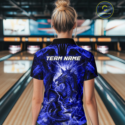 Custom Blue Lightning Dragon Bowling Team Shirts Bowling Jerseys for Women Polo & 1/4 Zip HNT549