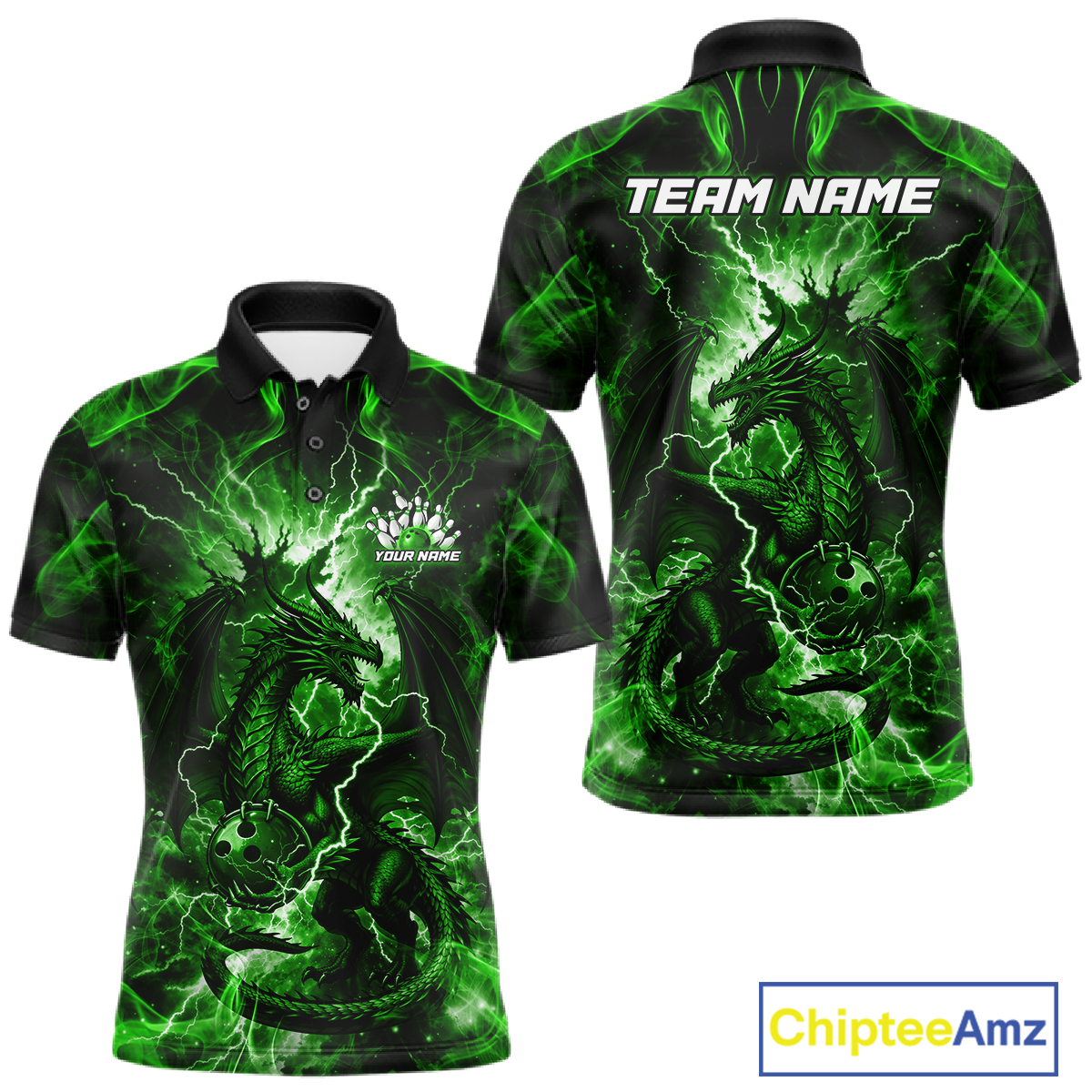 Custom Green Lightning Dragon Bowling Team Shirts Bowling Jerseys for Men Polo & 1/4 Zip HNT549