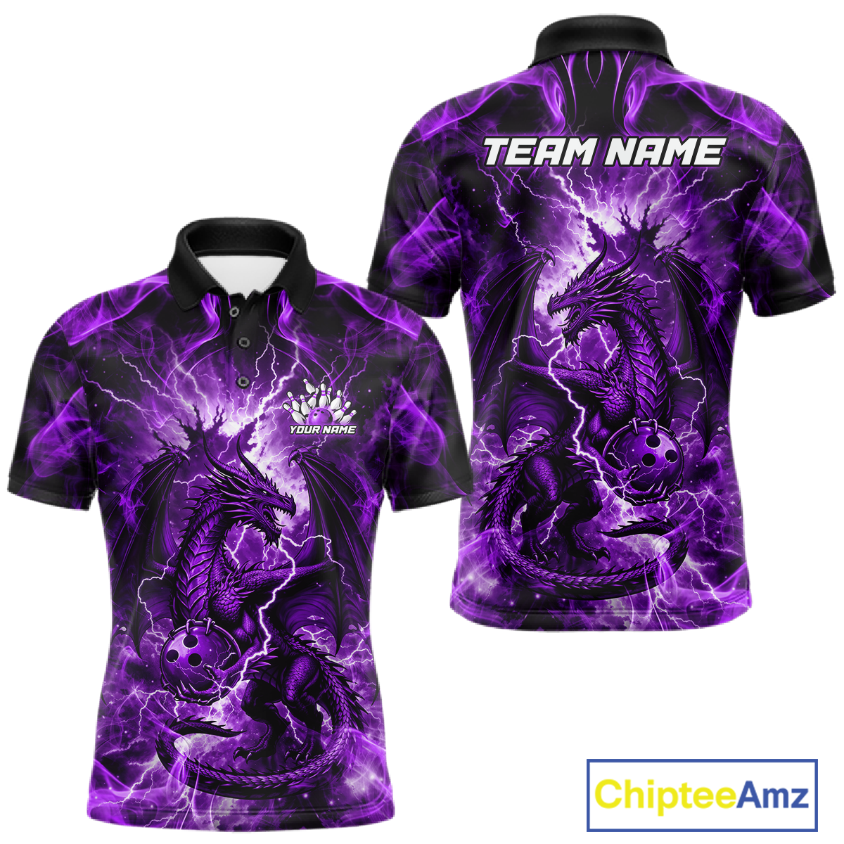 Custom Purple Lightning Dragon Bowling Team Shirts Bowling Jerseys for Men Polo & 1/4 Zip HNT549
