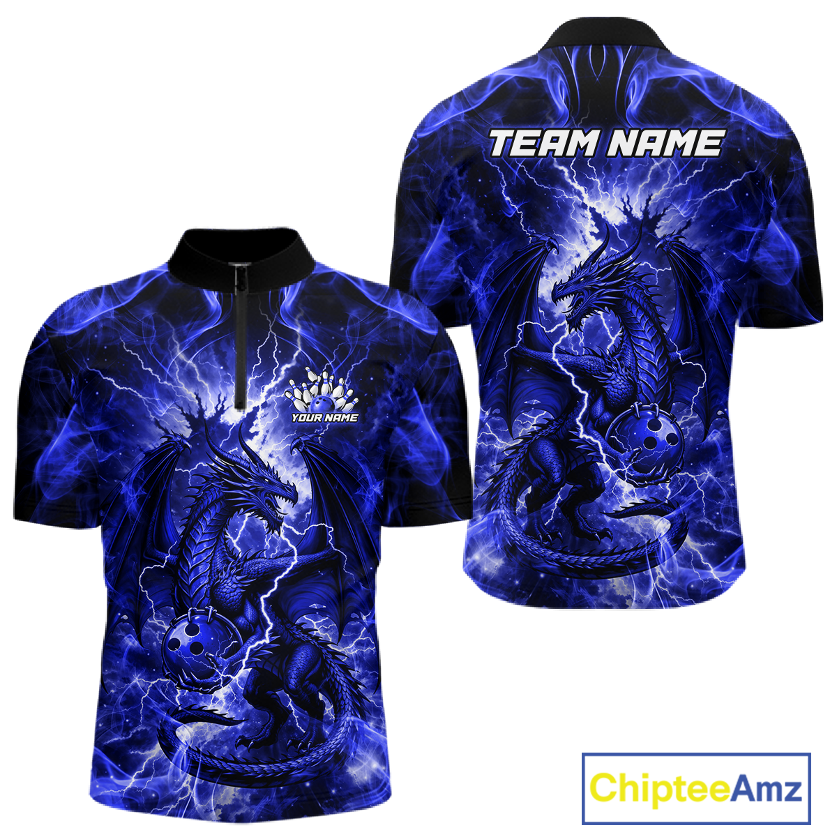 Custom Blue Lightning Dragon Bowling Team Shirts Bowling Jerseys for Men Polo & 1/4 Zip HNT549