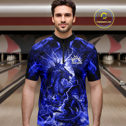 Custom Blue Lightning Dragon Bowling Team Shirts Bowling Jerseys for Men Polo & 1/4 Zip HNT549