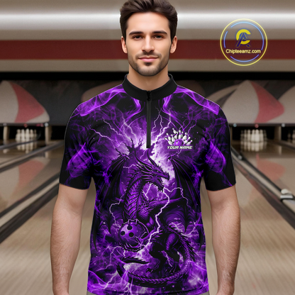 Custom Purple Lightning Dragon Bowling Team Shirts Bowling Jerseys for Men Polo & 1/4 Zip HNT549