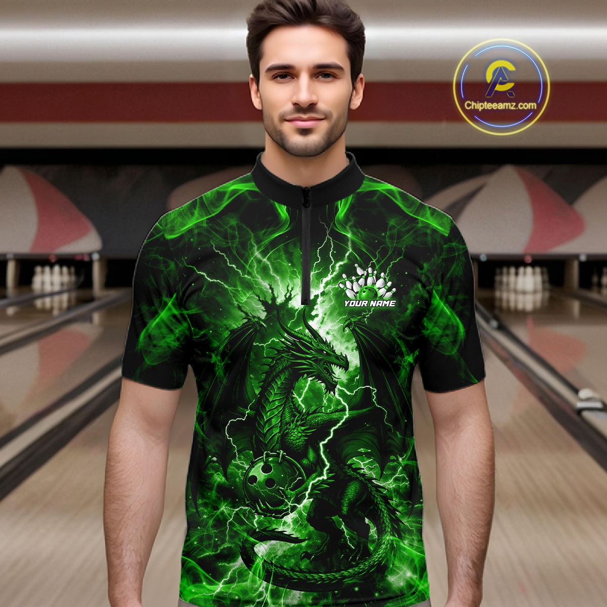 Custom Green Lightning Dragon Bowling Team Shirts Bowling Jerseys for Men Polo & 1/4 Zip HNT549