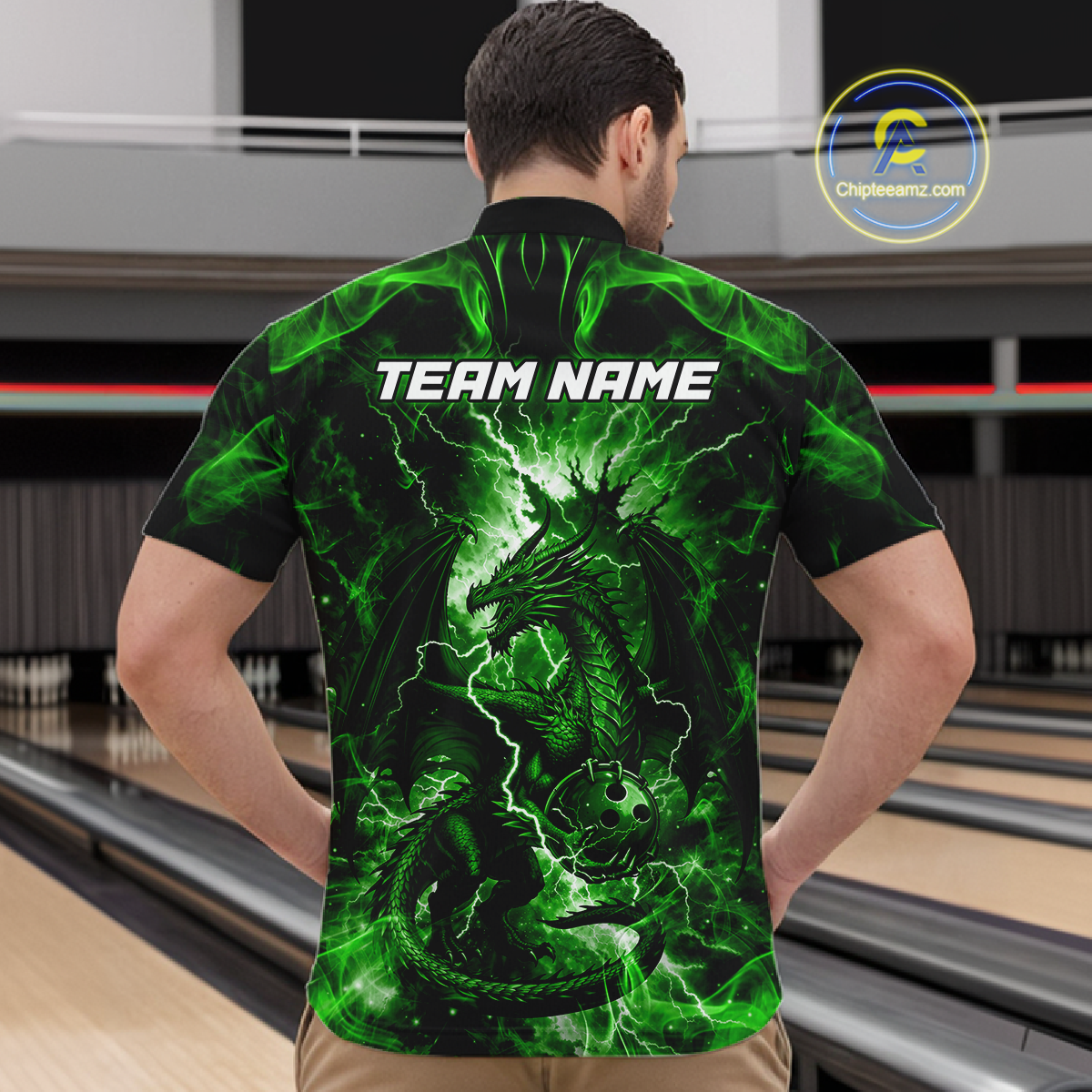 Custom Green Lightning Dragon Bowling Team Shirts Bowling Jerseys for Men Polo & 1/4 Zip HNT549