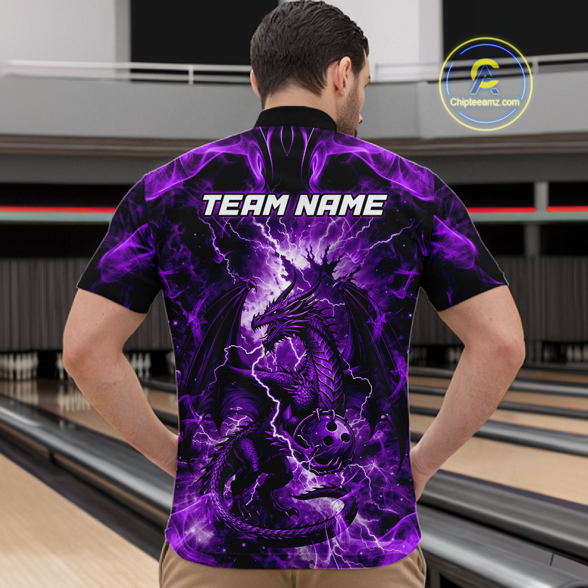 Custom Purple Lightning Dragon Bowling Team Shirts Bowling Jerseys for Men Polo & 1/4 Zip HNT549