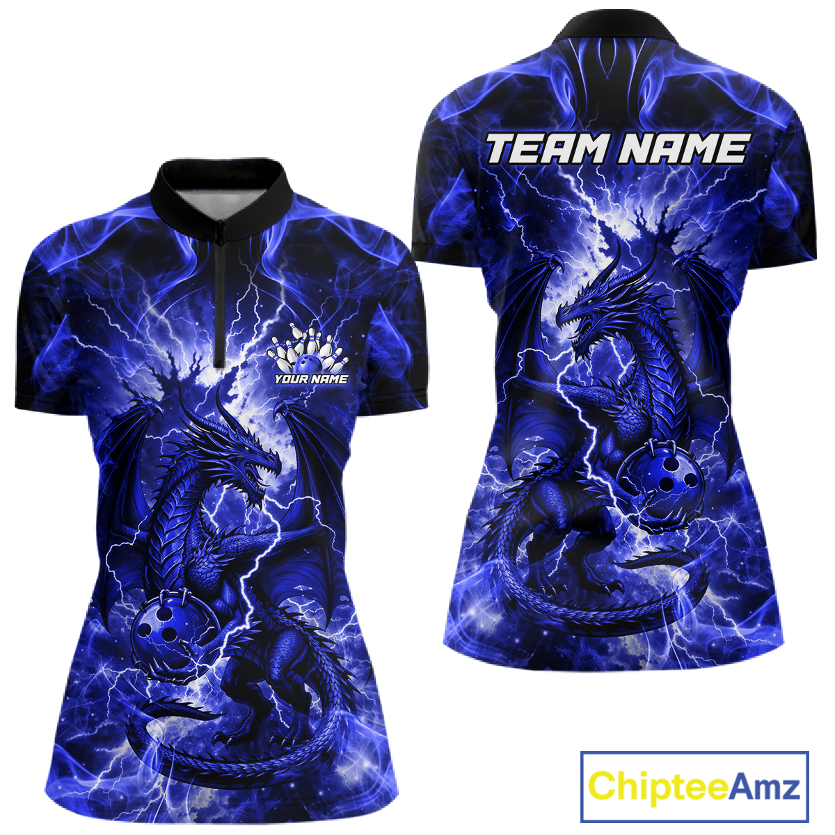 Custom Blue Lightning Dragon Bowling Team Shirts Bowling Jerseys for Women Polo & 1/4 Zip HNT549