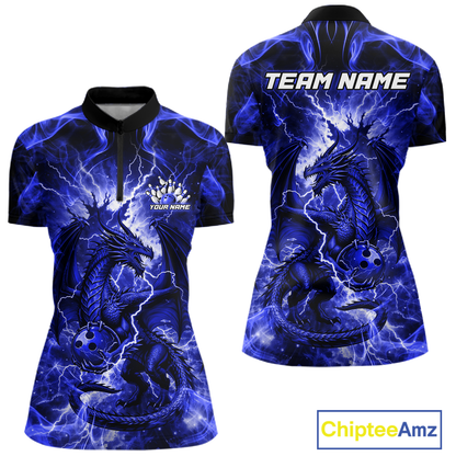 Custom Blue Lightning Dragon Bowling Team Shirts Bowling Jerseys for Women Polo & 1/4 Zip HNT549