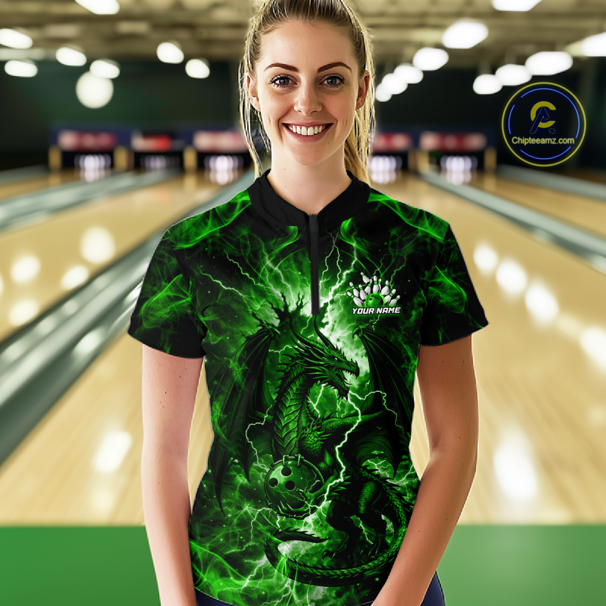 Custom Green Lightning Dragon Bowling Team Shirts Bowling Jerseys for Women Polo & 1/4 Zip HNT549