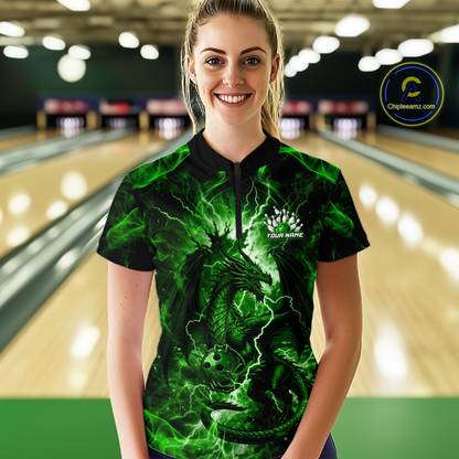 Custom Green Lightning Dragon Bowling Team Shirts Bowling Jerseys for Women Polo & 1/4 Zip HNT549