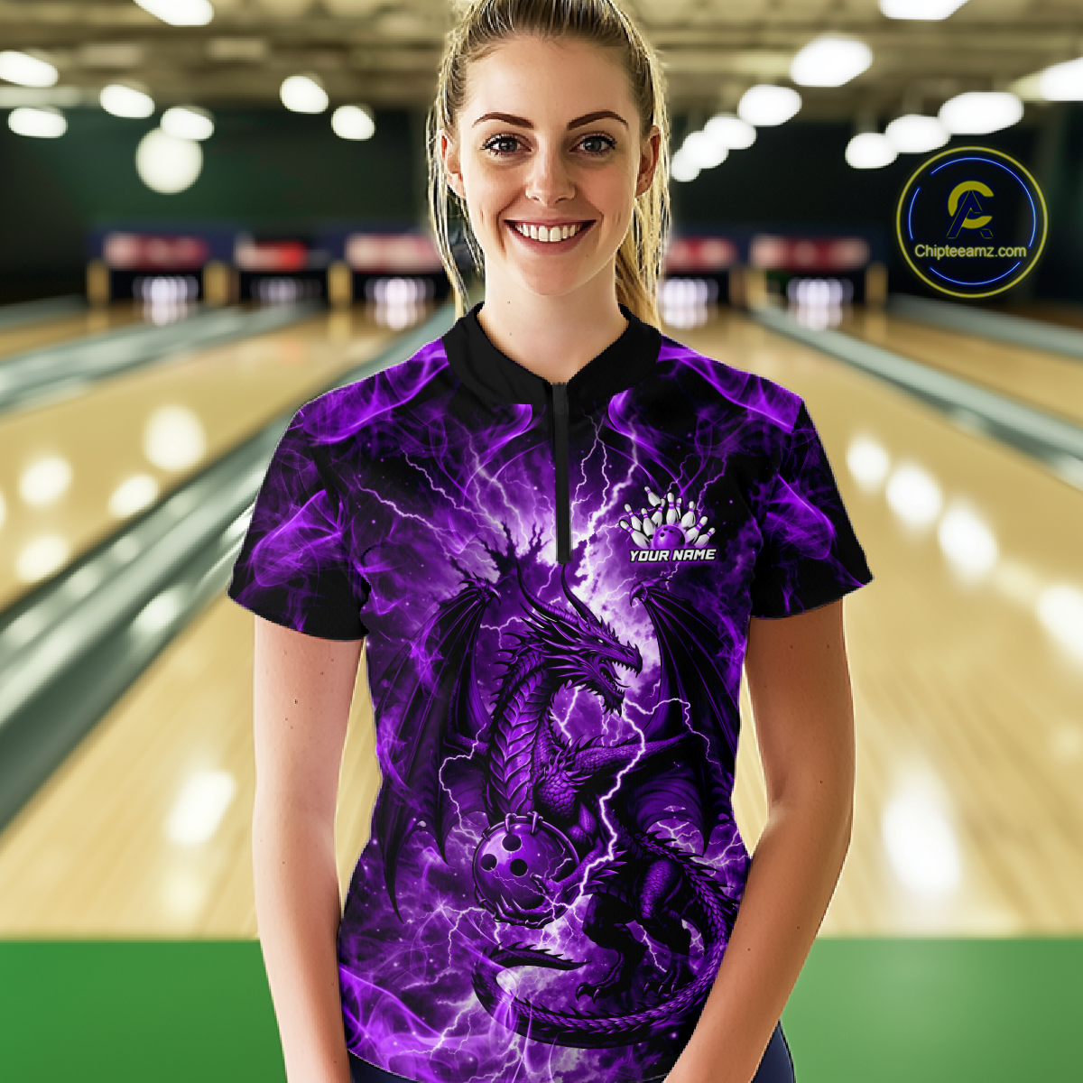 Custom Purple Lightning Dragon Bowling Team Shirts Bowling Jerseys for Women Polo & 1/4 Zip HNT549