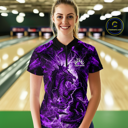 Custom Purple Lightning Dragon Bowling Team Shirts Bowling Jerseys for Women Polo & 1/4 Zip HNT549