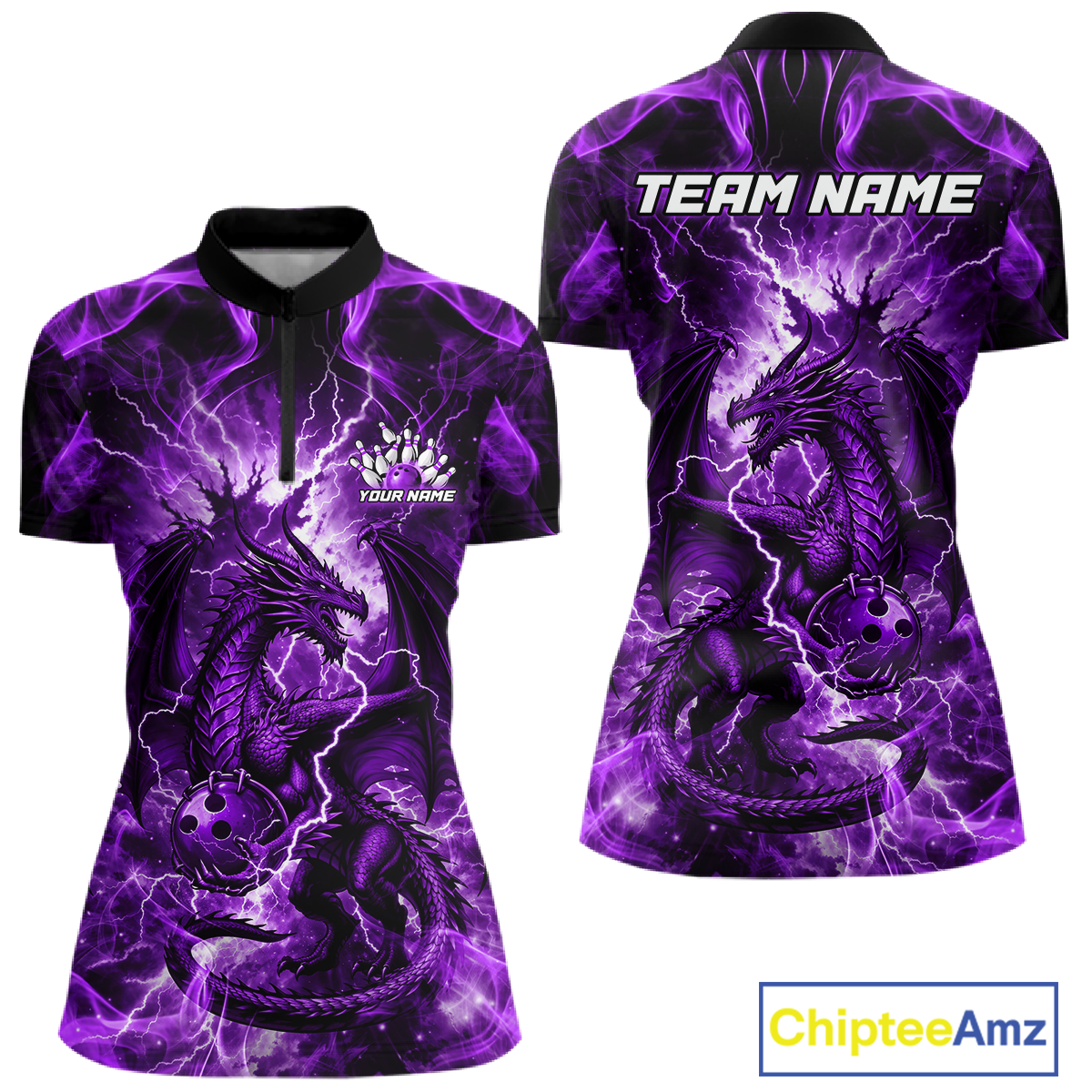 Custom Purple Lightning Dragon Bowling Team Shirts Bowling Jerseys for Women Polo & 1/4 Zip HNT549