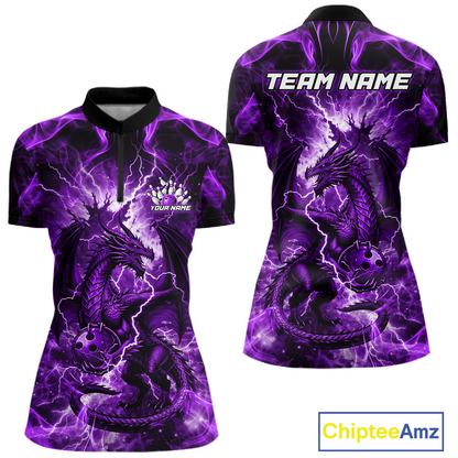 Custom Purple Lightning Dragon Bowling Team Shirts Bowling Jerseys for Women Polo & 1/4 Zip HNT549