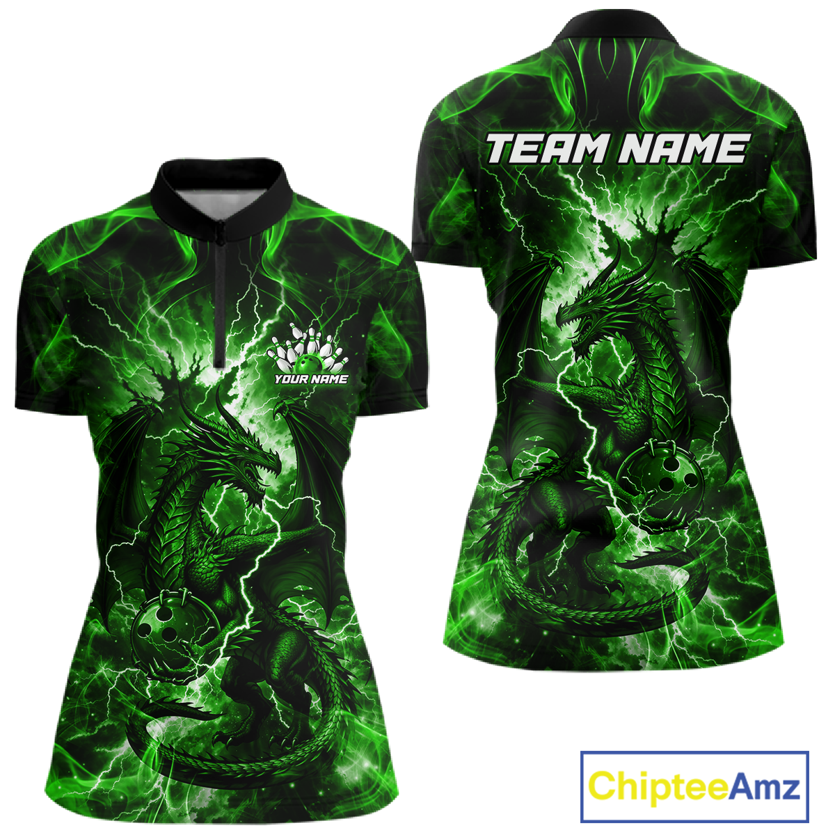 Custom Green Lightning Dragon Bowling Team Shirts Bowling Jerseys for Women Polo & 1/4 Zip HNT549