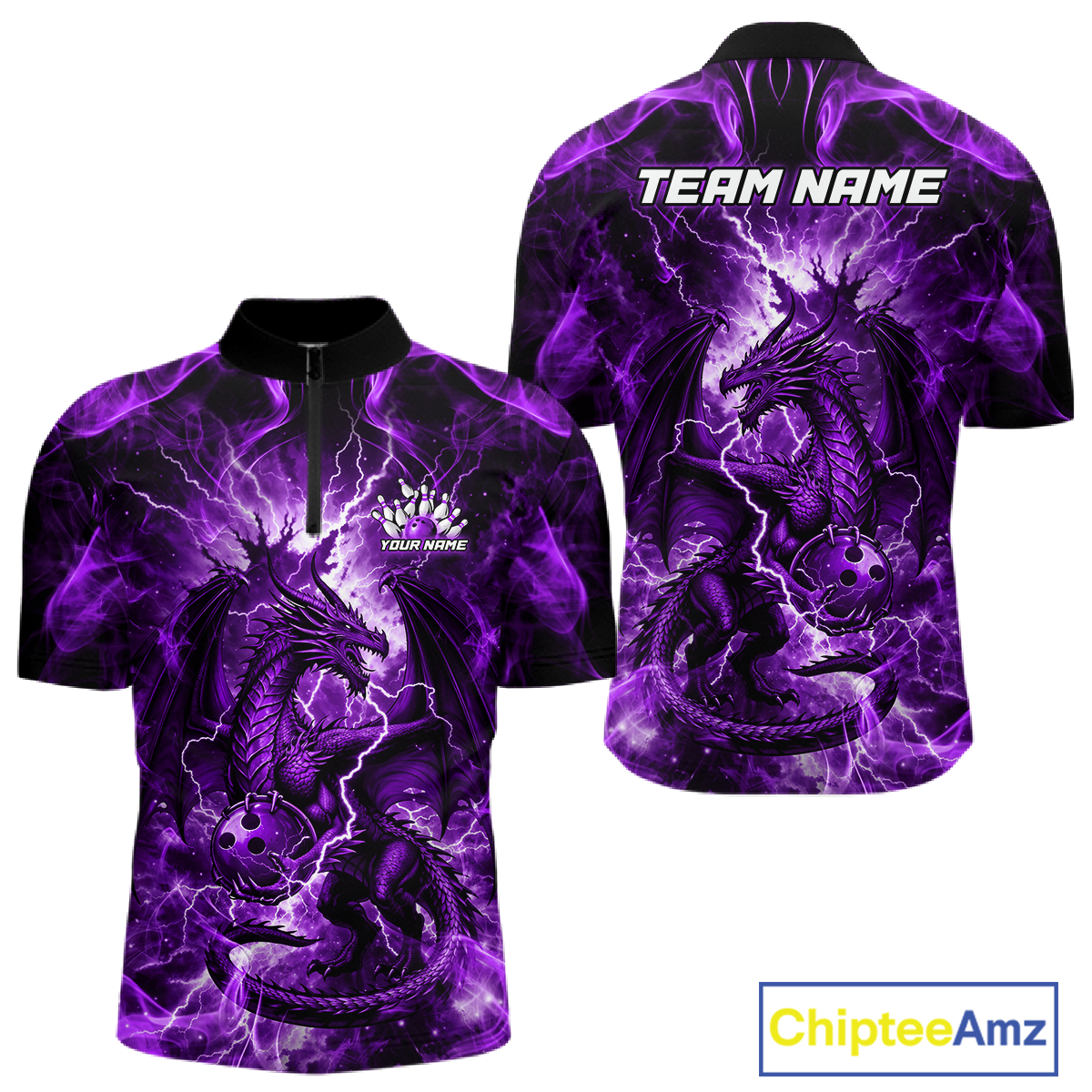 Custom Purple Lightning Dragon Bowling Team Shirts Bowling Jerseys for Men Polo & 1/4 Zip HNT549