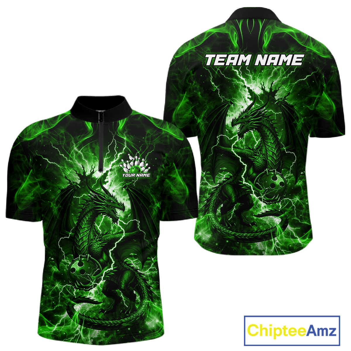Custom Green Lightning Dragon Bowling Team Shirts Bowling Jerseys for Men Polo & 1/4 Zip HNT549