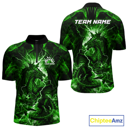 Custom Green Lightning Dragon Bowling Team Shirts Bowling Jerseys for Men Polo & 1/4 Zip HNT549