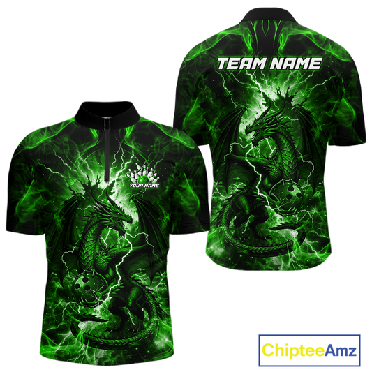 Custom Green Lightning Dragon Bowling Team Shirts Bowling Jerseys for Men Polo & 1/4 Zip HNT549