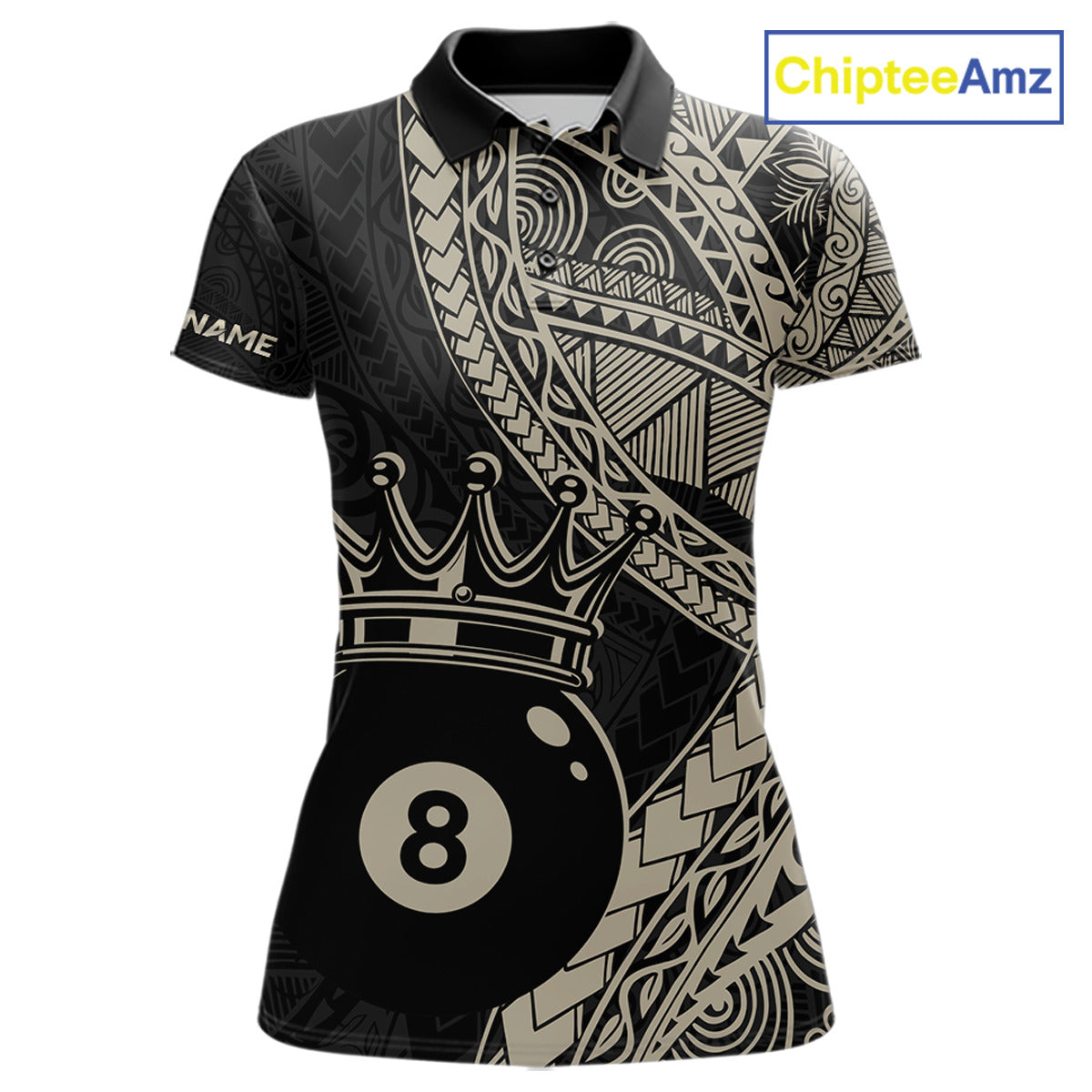 Women’s fitted polo dress in black and gold tones with layered Polynesian-style designs, abstract geometric textures, and a large crowned 8-ball centerpiece.