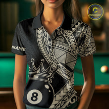 Load image into Gallery viewer, Women wearing a black and gold patterned shirt with an 8-ball design, standing in front of a pool table.