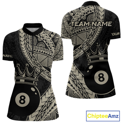 Women’s fitted quarter zip dress in black and gold tones with layered Polynesian-style designs, abstract geometric textures, and a large crowned 8-ball centerpiece.