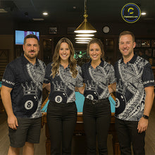 Load image into Gallery viewer, Four people wearing matching billiard shirts in a billiard league.
