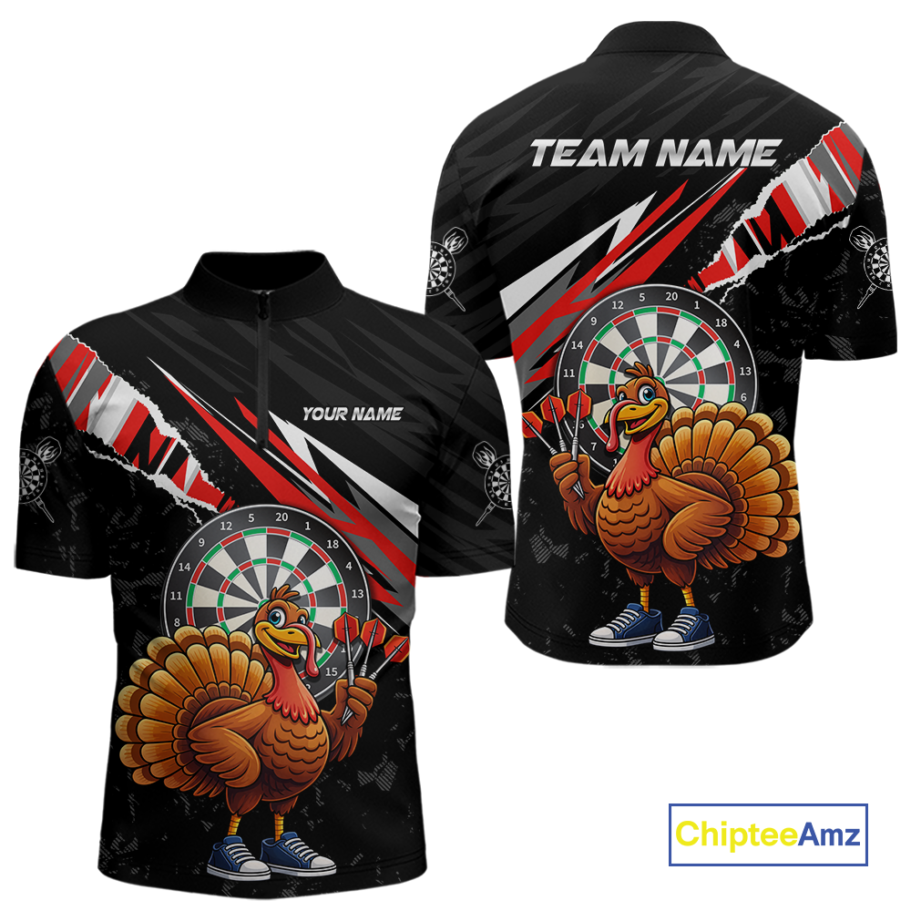 Red Funny Turkey Chicken Darts Shirt for Men Darts Team Jerseys Polo & 1/4 Zip Dart League NNT130