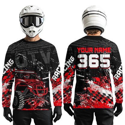 Men wearing personalized racing shirt with an off-road vehicle integrated into tire track patterns, racing graphics, and custom name details.