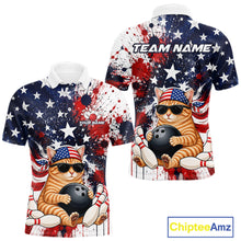 Load image into Gallery viewer, Front and back views of a patriotic bowling polo featuring a sunglasses-wearing orange tabby cat with an American flag bandana, bowling ball and pins, plus personalized name and team name text.