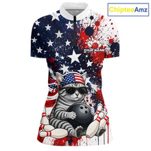 Load image into Gallery viewer, Shirt with a cat holding a bowling ball and American flag design, branded 'ChipteeAmz'.