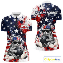 Load image into Gallery viewer, Front and back views of a patriotic bowling quarter zip featuring a sunglasses-wearing orange tabby cat with an American flag bandana, bowling ball and pins, plus personalized name and team name text.