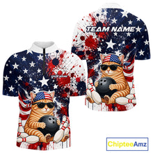 Load image into Gallery viewer, Front and back views of a patriotic bowling quarter zip featuring a sunglasses-wearing orange tabby cat with an American flag bandana, bowling ball and pins, plus personalized name and team name text.