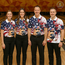 Load image into Gallery viewer, Four people wearing matching American flag-themed shirts with a cartoon character in a bowling alley.