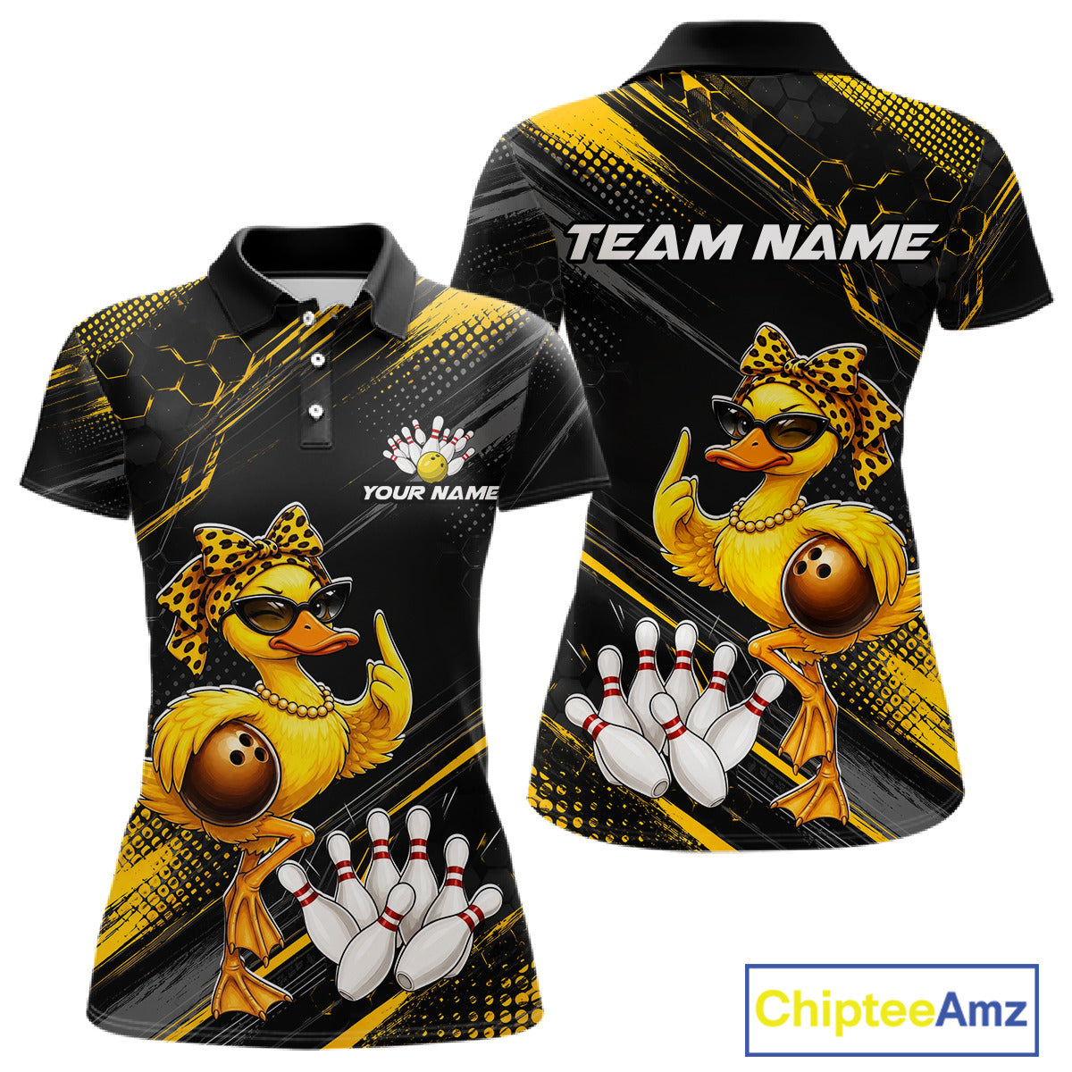 Black and yellow polo shirt with duck bowling design and customizable text on a white background.